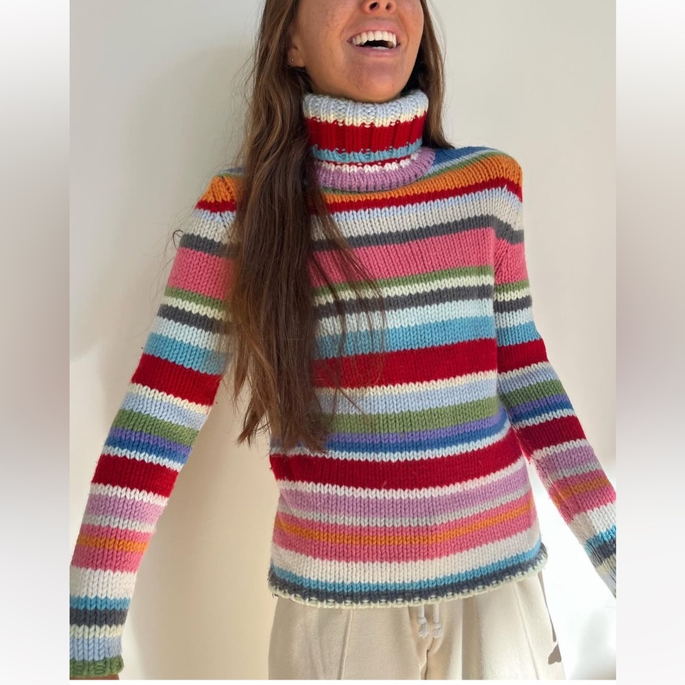 Rare Vintage GAP Rainbow Cable Knit Turtleneck Sweater Wool Blend Large